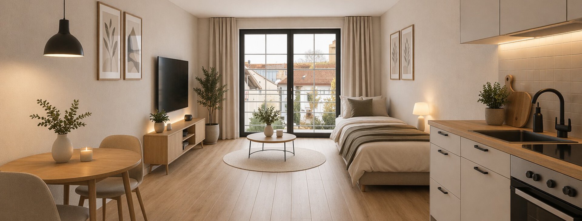 Innenvisualisierung 1-Zimmer-Wohnung mit Küche rechts | © HausBauHaus GmbH - Erstellt mittels KI