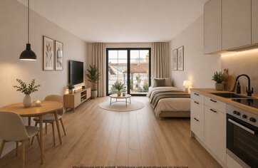 Innenvisualisierung 1-Zimmer-Wohnung mit Küche rechts | © HausBauHaus GmbH - Erstellt mittels KI