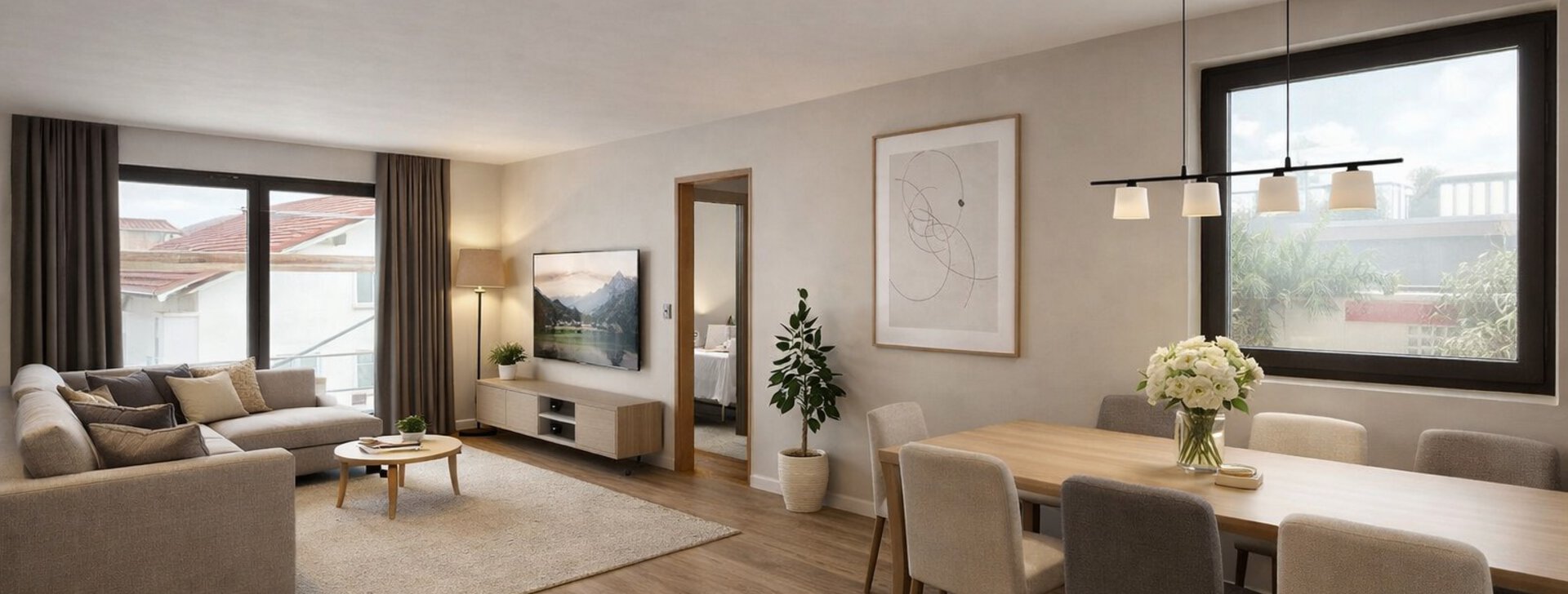 Innenvisualisierung WZ 2-Zimmer-Wohnung | © HausBauHaus GmbH - Erstellt mittels KI