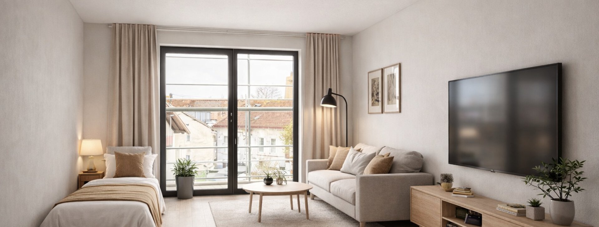 Innenvisualisierung 1-Zimmer-Wohnung ohne Küche | © HausBauHaus GmbH - Erstellt mittels KI