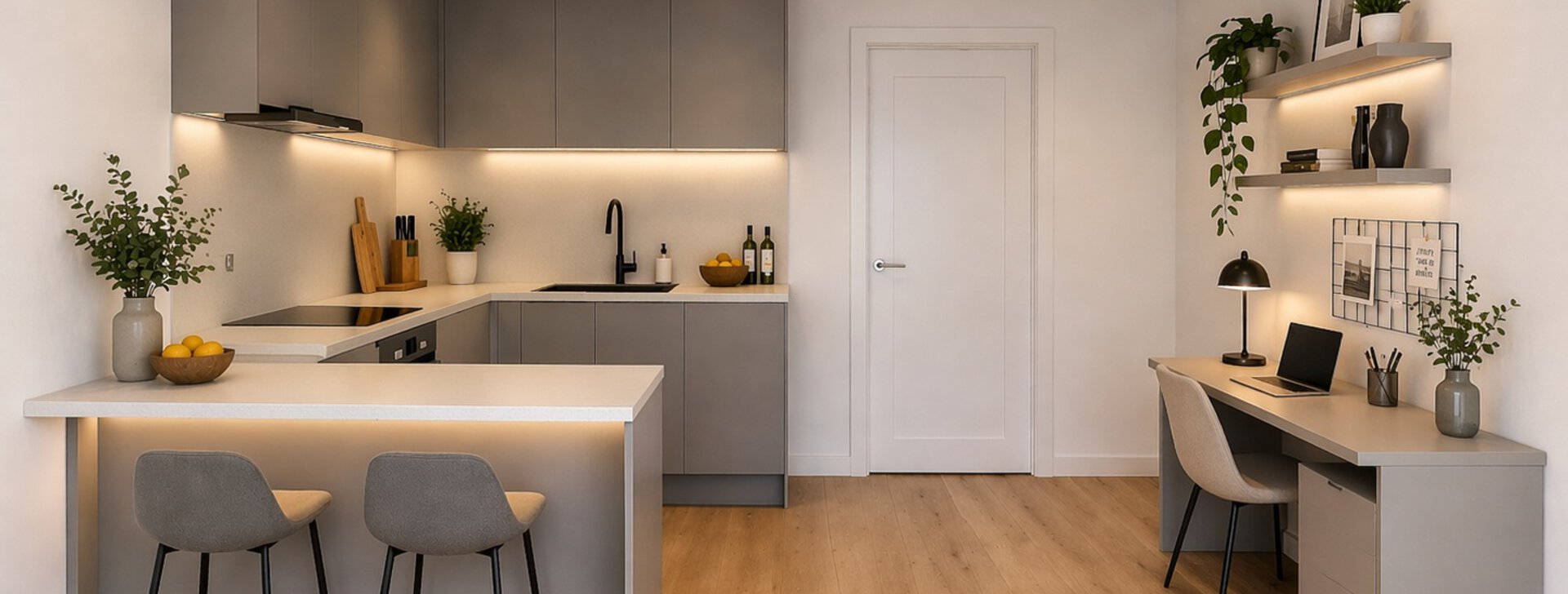 Innenvisualisierung 1-Zimmer-Wohnung Küche und Büro | © HausBauHaus GmbH - Erstellt mittels KI