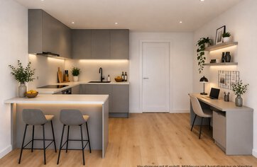 Innenvisualisierung 1-Zimmer-Wohnung Küche und Büro | © HausBauHaus GmbH - Erstellt mittels KI
