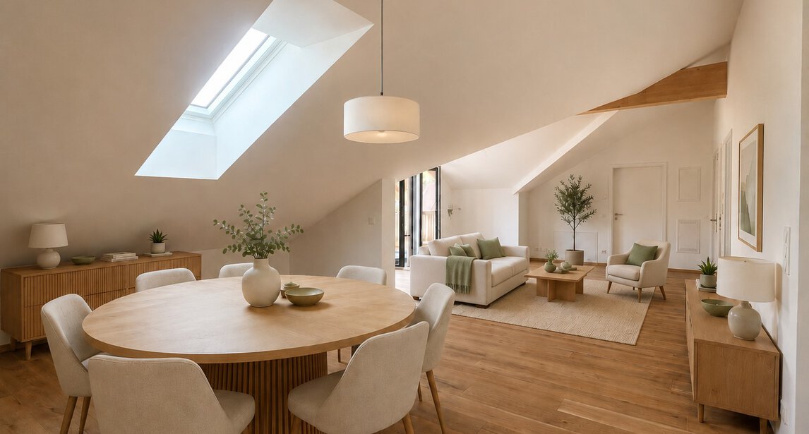 Digitale Wohnidee - Wohn- und Esszimmer Dachgeschosswohnung | © HausBauHaus GmbH Wohnpark St. Valentin, Ruhpolding, Neubauwohnung | © HausBauHaus GmbH